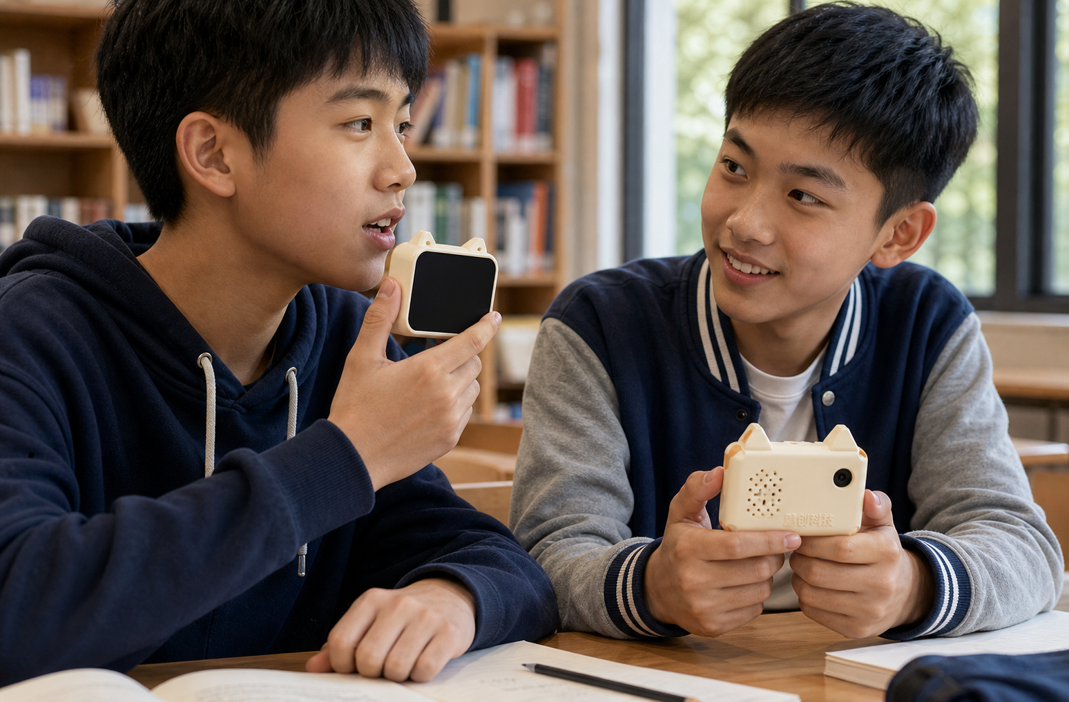 两名学生手持慧创AI对话终端进行语音交流