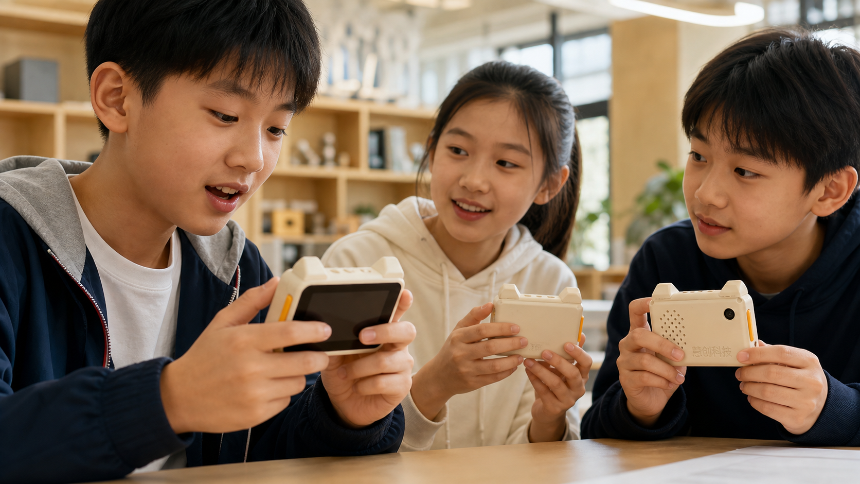 三名学生手持慧创AI对话终端进行自然交流